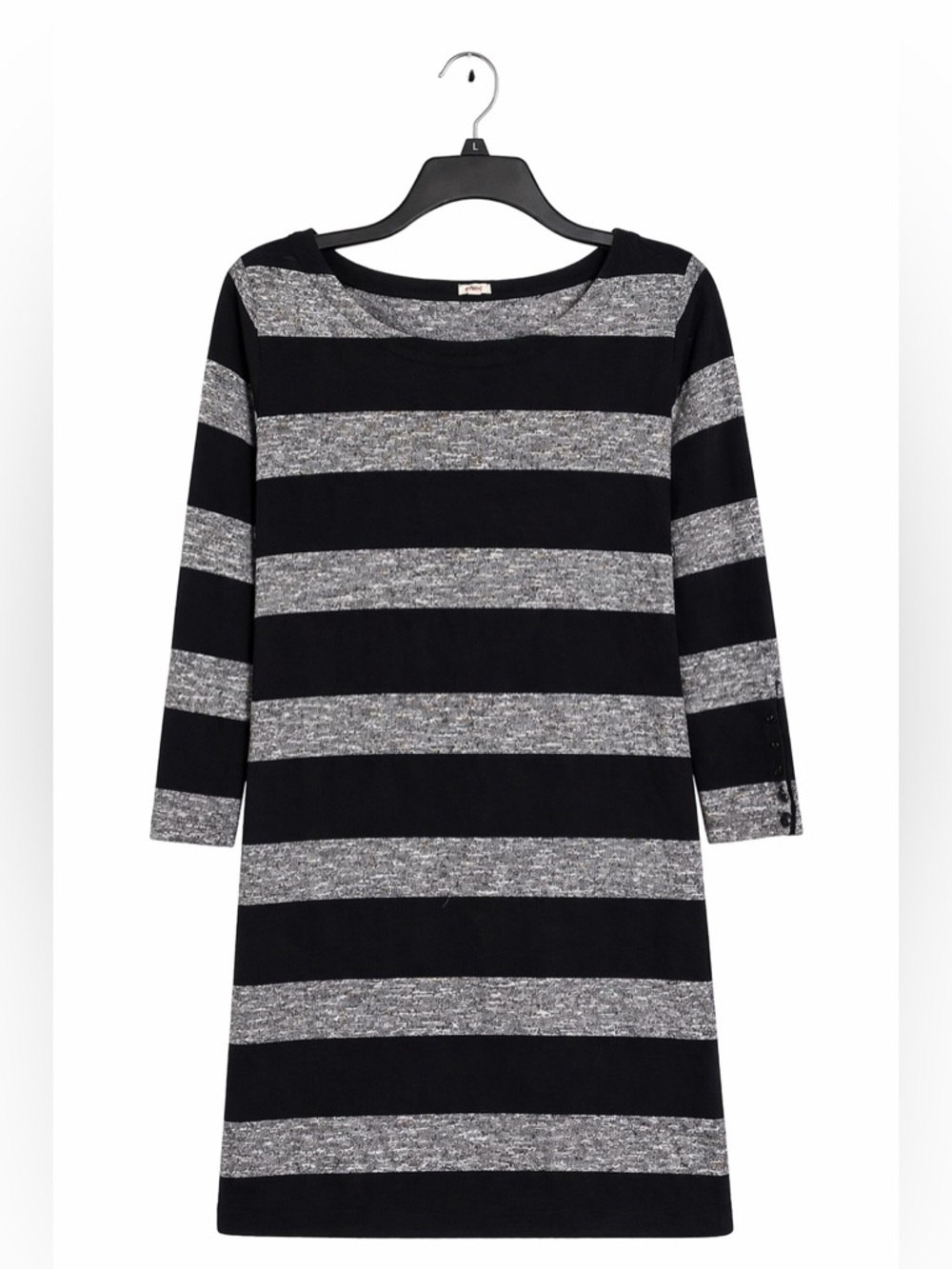 J.Crew Striped Knit Shift Dress Women’s Medium Black Gray Boatneck 3/4 Sleeve